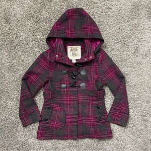 Route 66 Magenta & Gray Plaid Detachable Hooded Toggle Duffle Coat Size M (7/8)